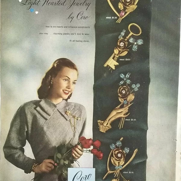 Антикварная коллекционная брошь «Ключик с розой» от Coro Купить бижутерию